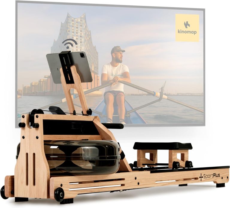 SportPlus SP-WR-1800 Rameur d'Eau en Bois Massif de Chêne, Ordinateur d'Entraînement, Compatible Kinomap