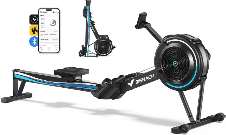 MERACH Rameur d'appartement à Résistance Aérienne, 10 Niveaux Réglables avec APP Exclusive, Rameur Professionnel Musculation pour Intérieur, Siège Ergonomique Confortable, Stockage Facile