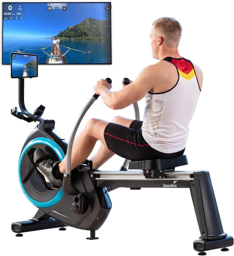 Skandika Rameur Pliable Nordlys, 16 Niveaux de Résistance, 21 Programmes, Bras pivotants, Frein Magnétique, Masse d'inertie 9kg, Rameur Musculation, Écran LCD, Support Tablette, Kinomap, Max 120KG